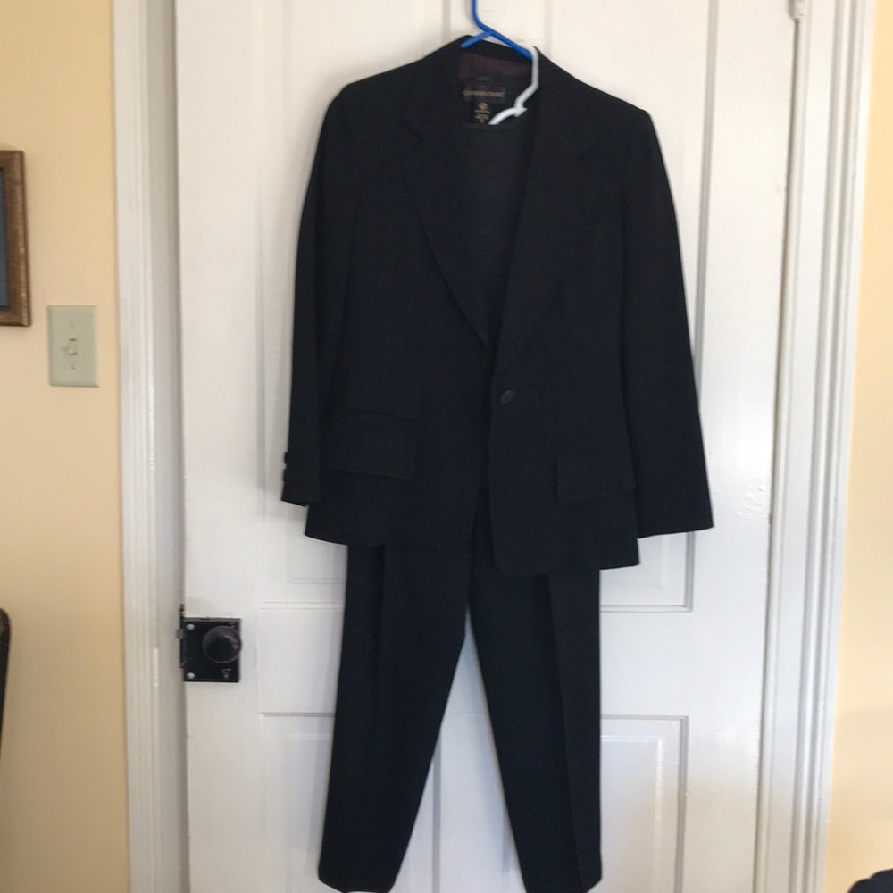 Donna Karan Pin-striped suit shown with gray wool top.